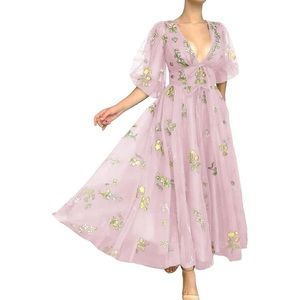 Women's Puffy Sleeve Prom Dresses Flower Embroidery Tulle